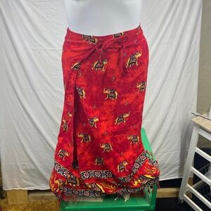 Purple Moon Red Elephant Print Wrap Maxi Skirt Fringed Rayon Thailand Boho OS